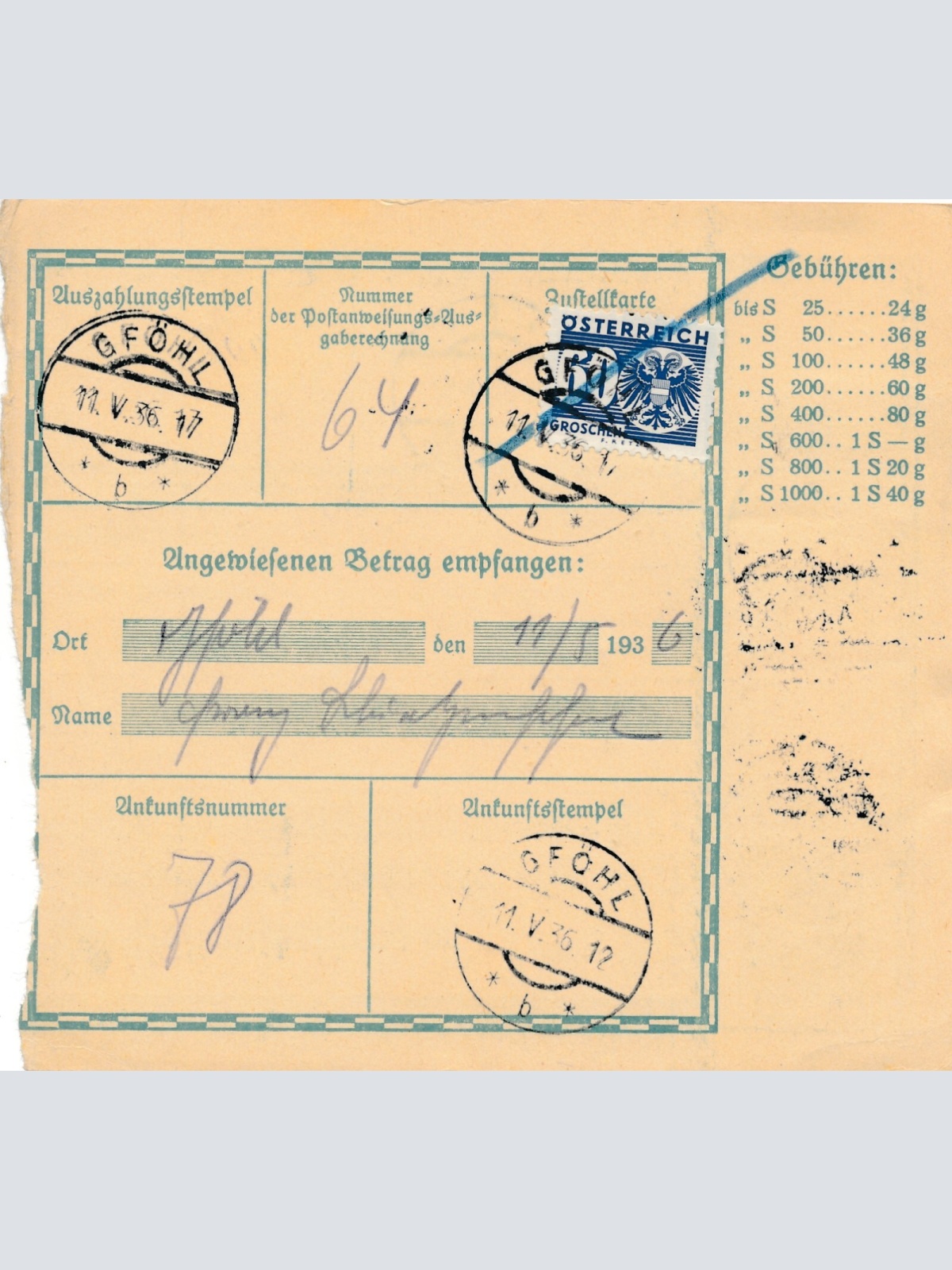 24 Gr. Postanweisung 1936 aus Wien nach Gföhl + Trachten Marken (10411)