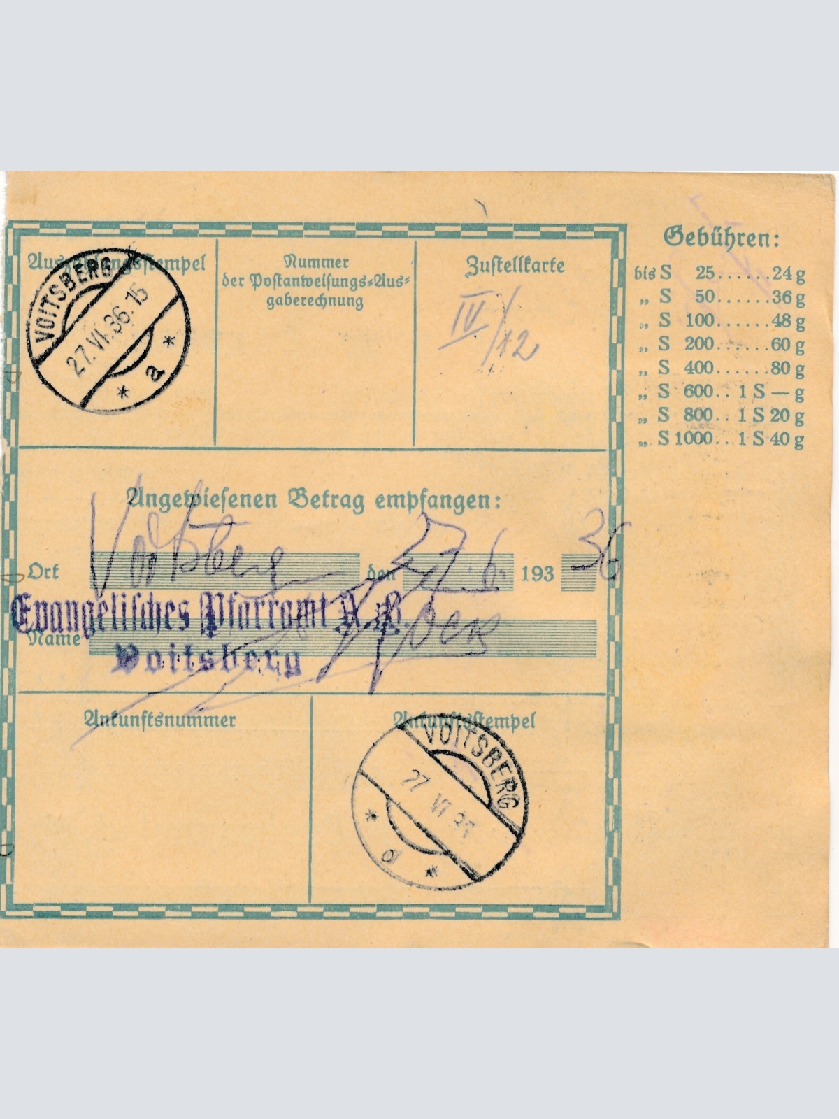 24 Gr. Postanweisung 1936 aus Wien nach Voitsberg + Trachten Marken (10410)