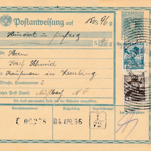 24 Gr. Postanweisung 1936 aus Wien nach Mühlbach + Trachten Marken (10393)