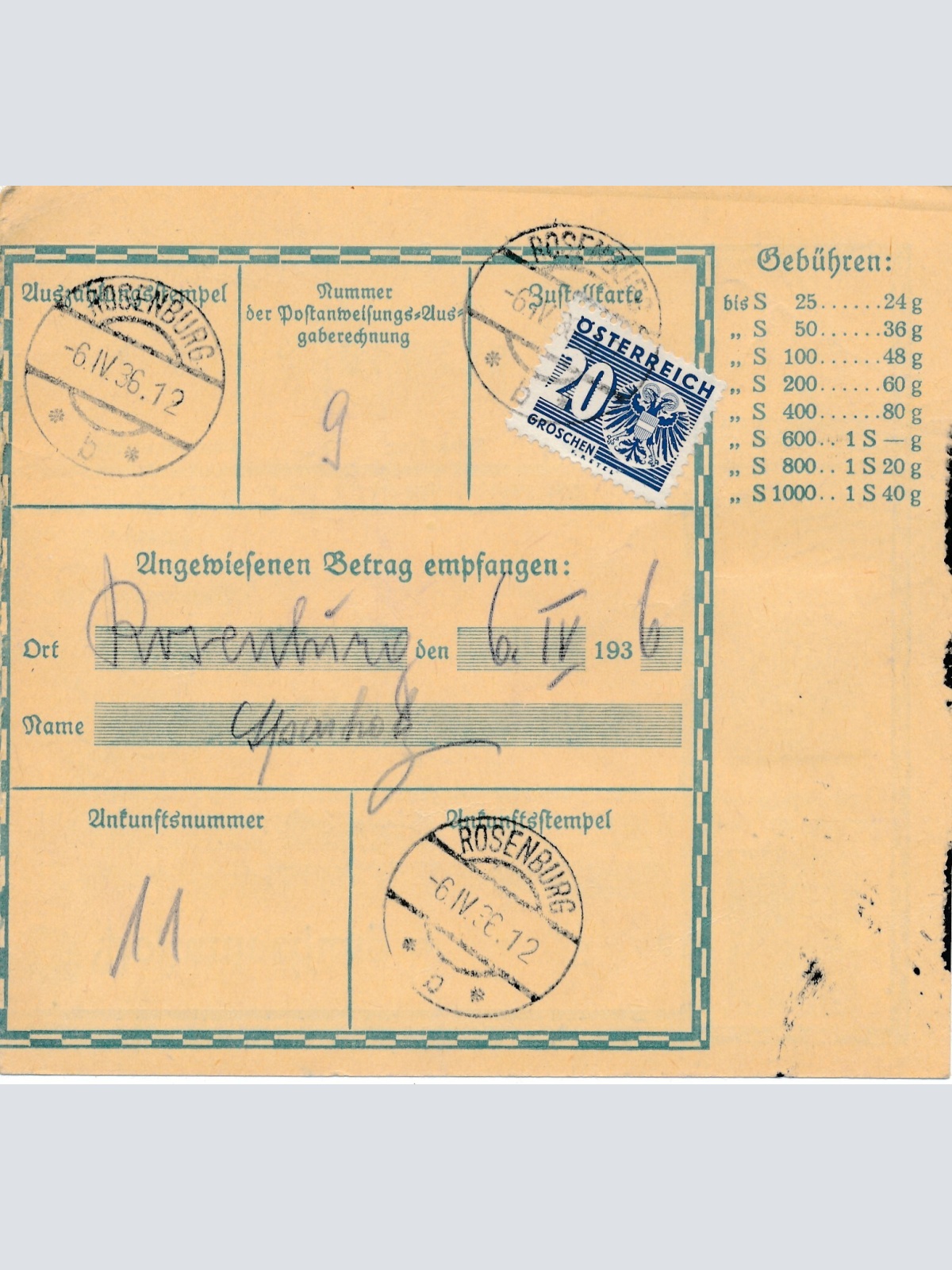 24 Gr. Postanweisung 1936 aus Wien nach Rosenburg + Trachten Marken (10395)