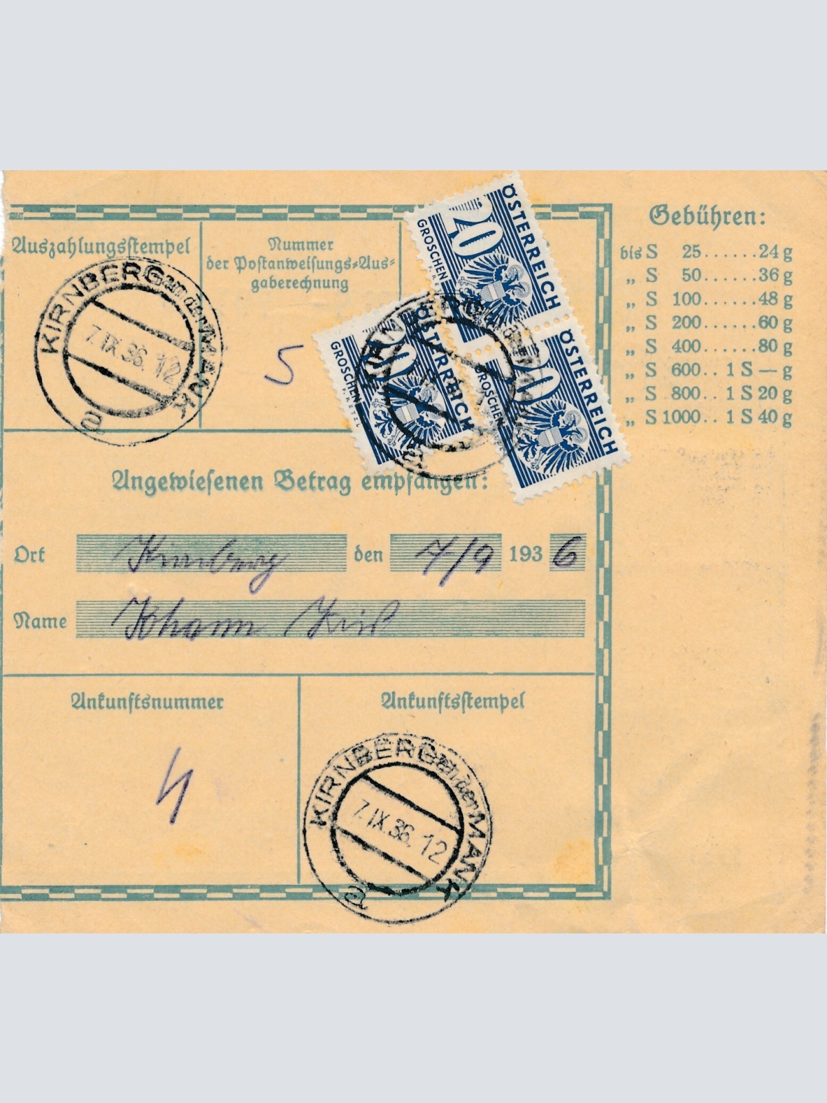 24 Gr. Postanweisung 1936 aus Wien nach Kirnberg + Trachten Marken (10398)
