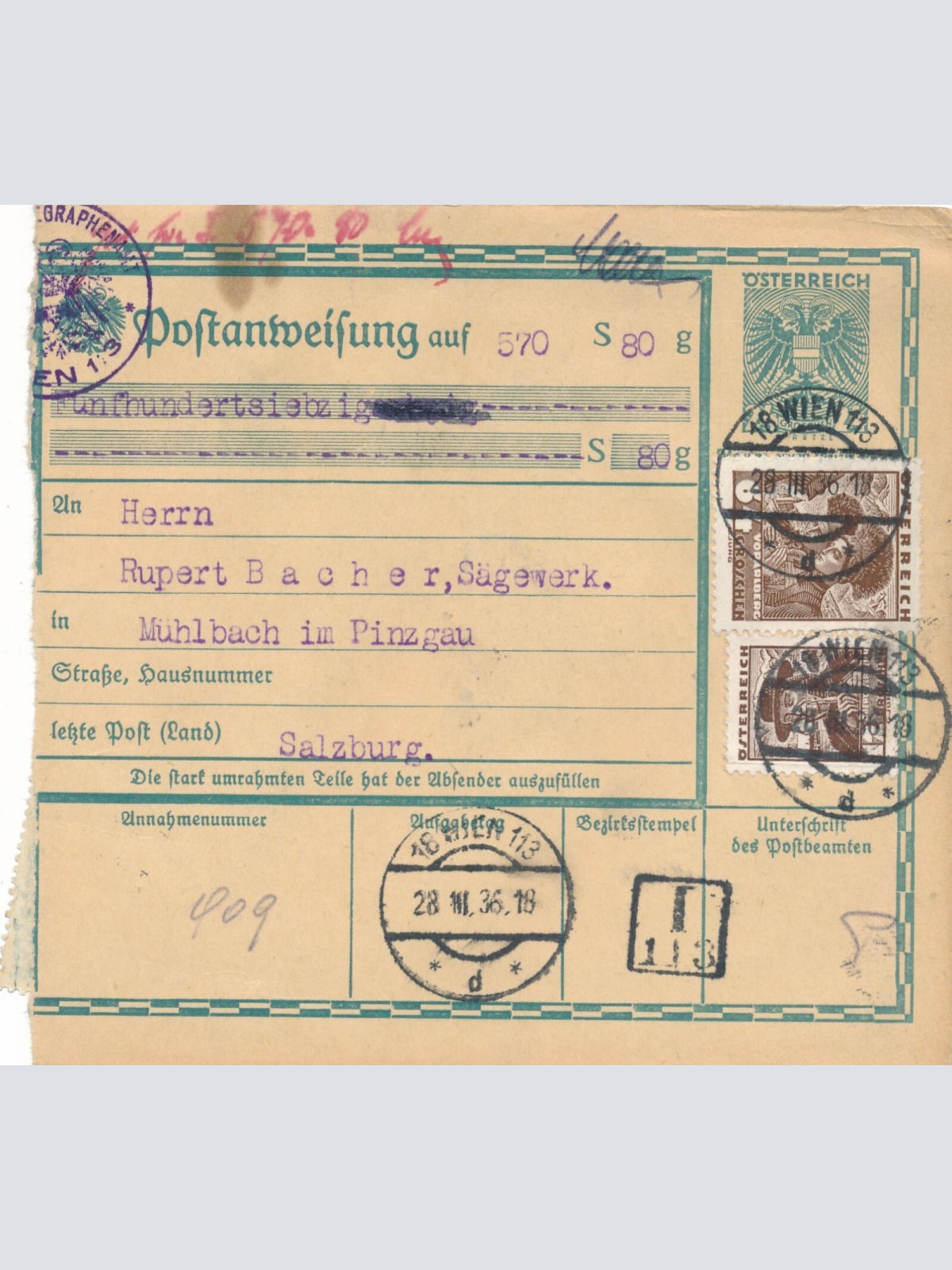24 Gr. Postanweisung 1936 aus Wien nach Mühlbach + Trachten Marken (10401)