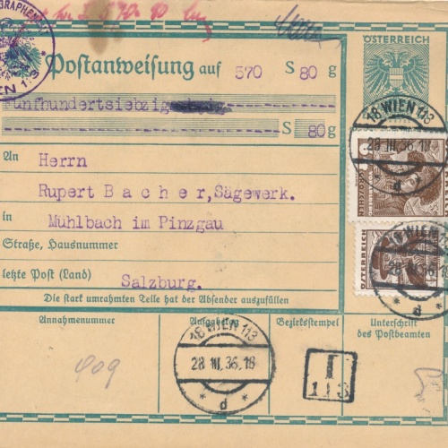 24 Gr. Postanweisung 1936 aus Wien nach Mühlbach + Trachten Marken (10401)