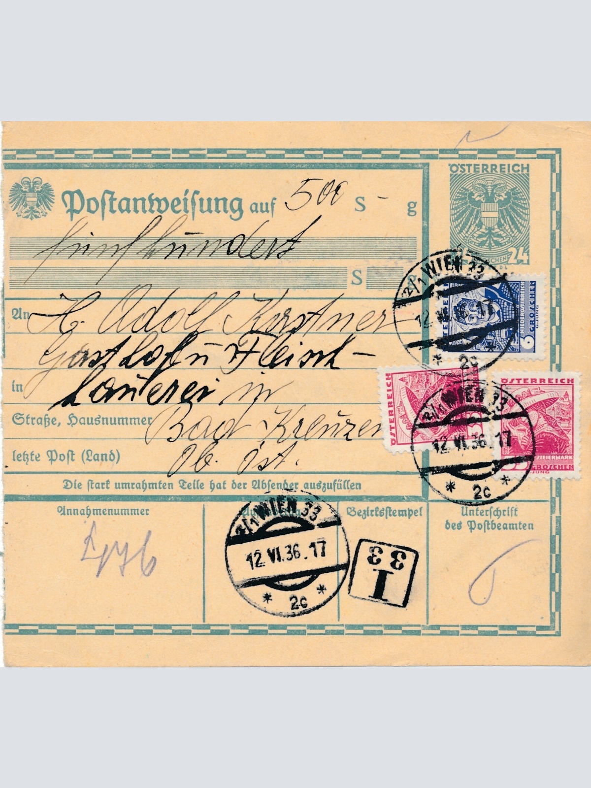 24 Gr. Postanweisung 1936 aus Wien nach Bad Kreuzen + Trachten Marken (10405)