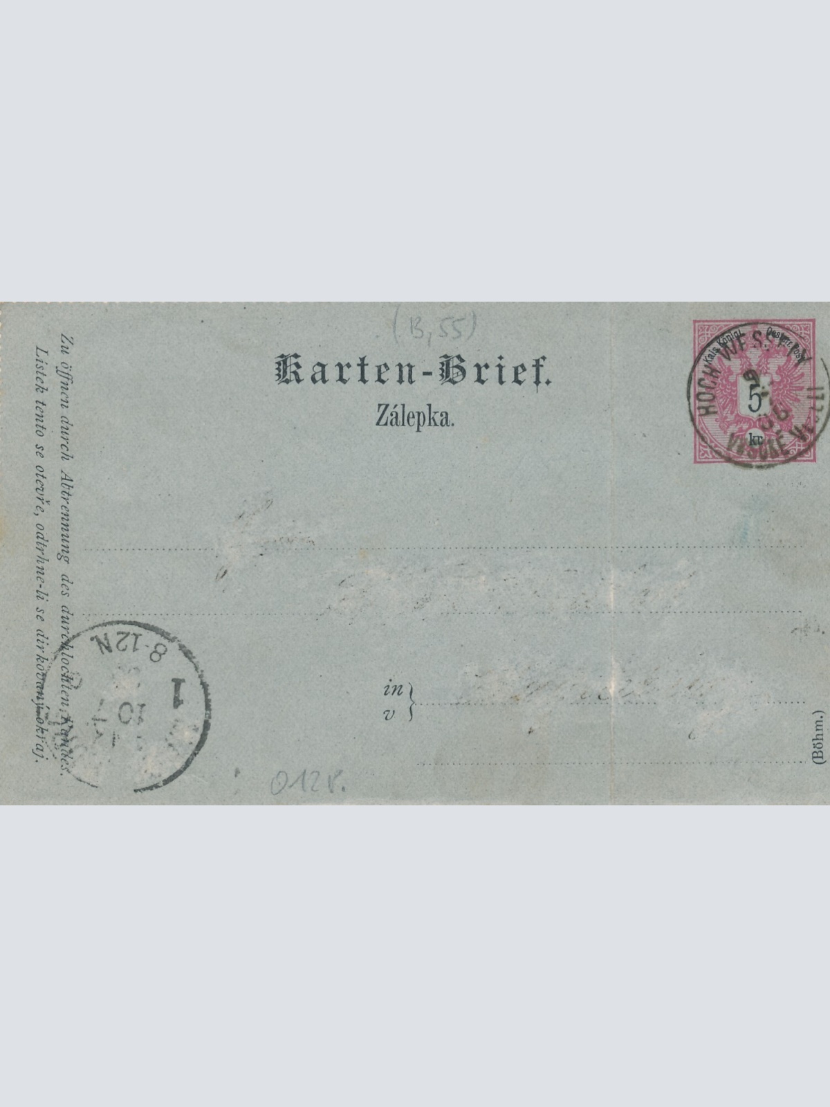 5 Kreuzer Ganzsachen - Kartenbrief 1886 aus Hochwessely (10993)