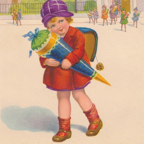 Motiv - Karte Erster Schultag Mädchen mit Schultüten (10774)