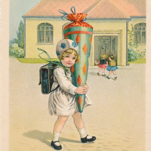 Motiv - Karte Erster Schultag Mädchen mit Schultüten (10776)