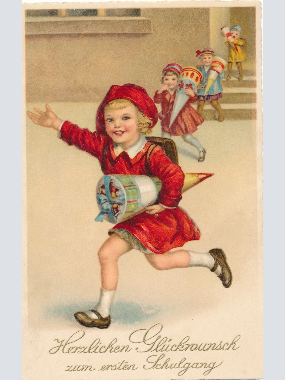 Motiv - Karte Erster Schultag Mädchen mit Schultüten (10777)