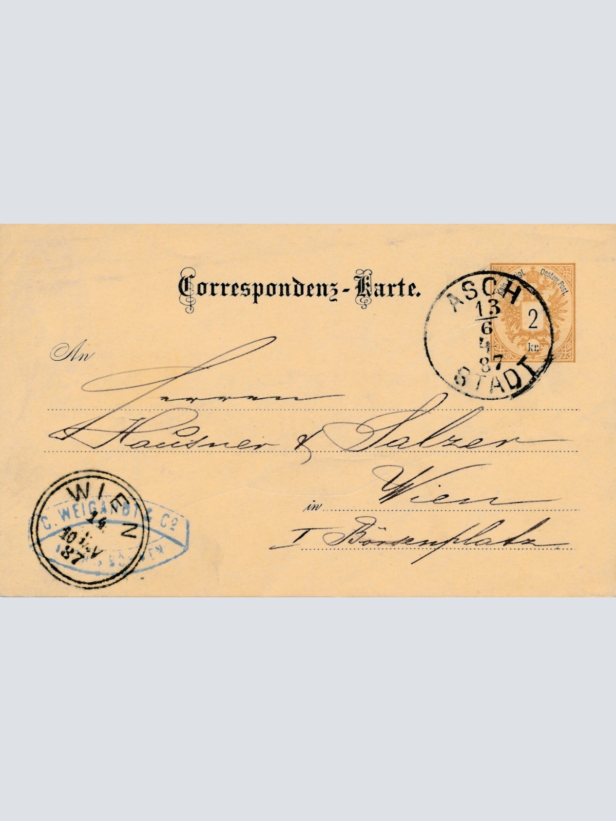 2 Kreuzer - Ganzsachen Karte 1887 aus Asch Stadt (11142)