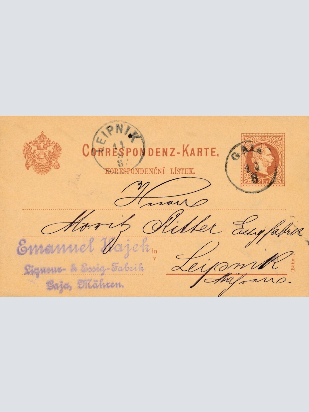 2 Kreuzer - Ganzsachen Karte aus Gaija in Mähren (11131)