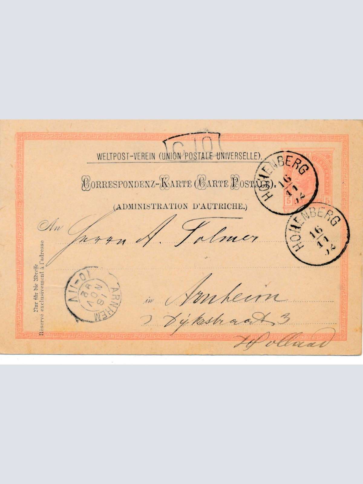 5 Kreuzer Ganzsachen - Karte 1892 aus Hohenberg (11608)