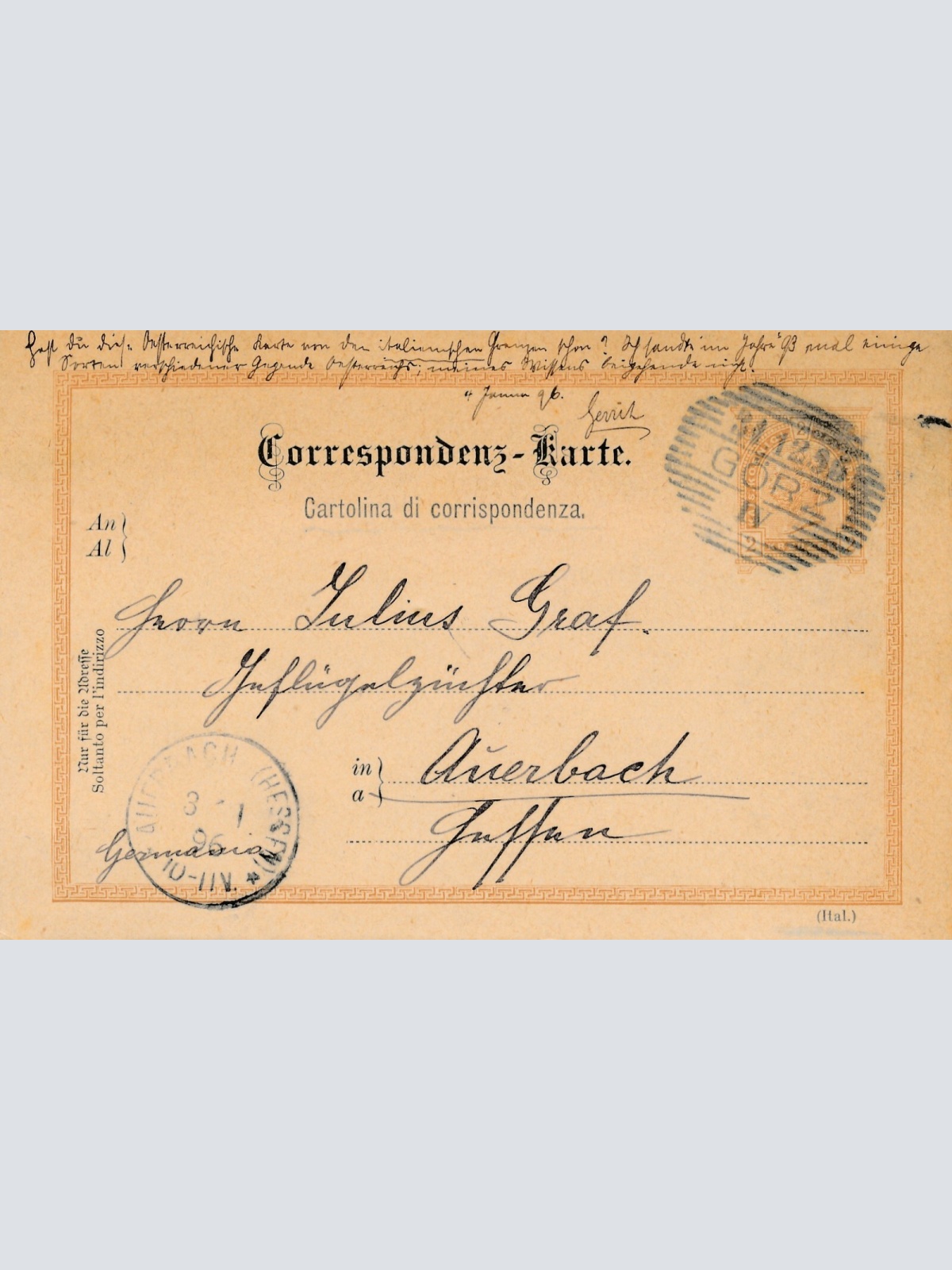 2 Kreuzer Ganzsachen - Karte (Ital) 1895 aus Görz (11597)