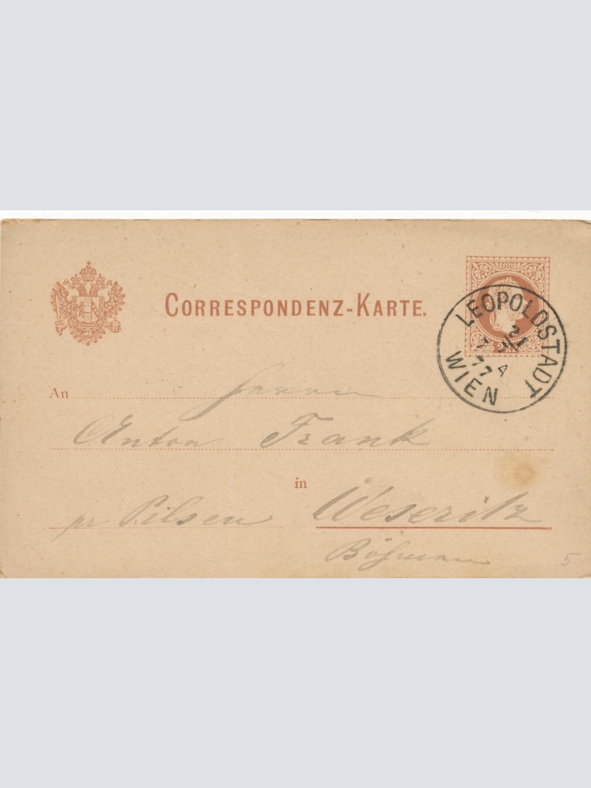 2 Kreuzer Ganzsachen - Karte 1877 aus Wien Leopoldstatd (11181)
