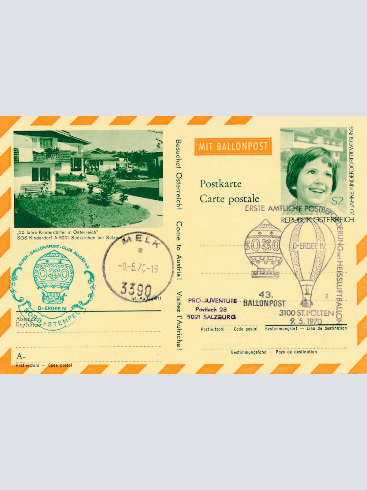 43. Ballonpost St. Pölten auf Bildpostkarte 1970 Seekirchen (11495)