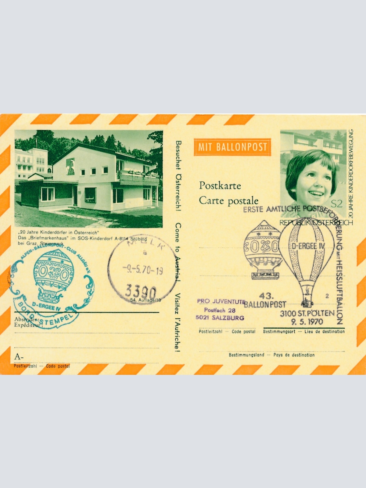 43. Ballonpost St. Pölten auf Bildpostkarte 1970 Stübing bei Graz (11496)