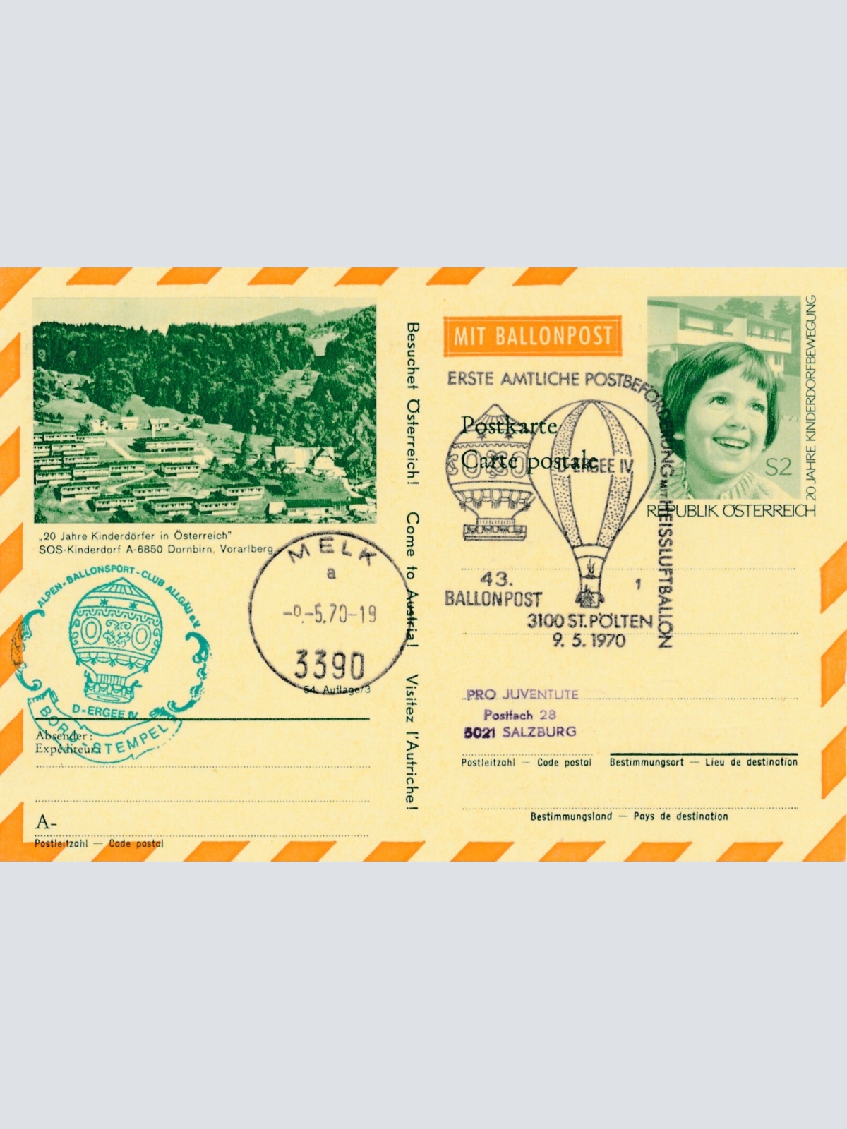 43. Ballonpost St. Pölten auf Bildpostkarte 1970 Dornbirn (11498)