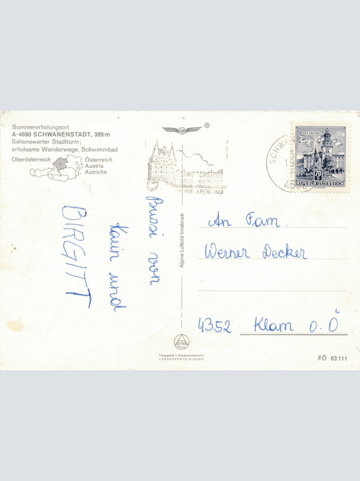 AK aus Schwanenstadt Oberösterreich Fliegerfoto Ansichtskarte (J290)