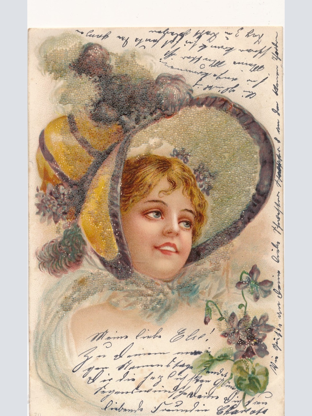 Perlen - Motiv - Karte Mädchen mit Hut Ansichtskarte (11477)