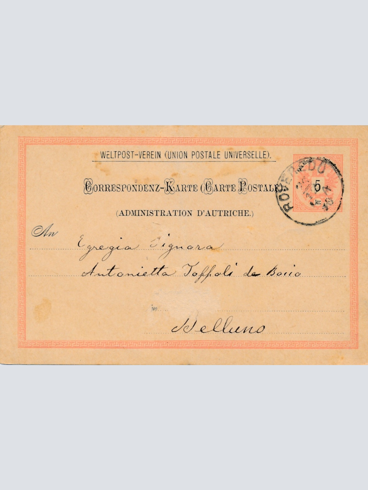 5 Kreuzer - Ganzsachen - Karte 1890 aus Roveredo (12319)