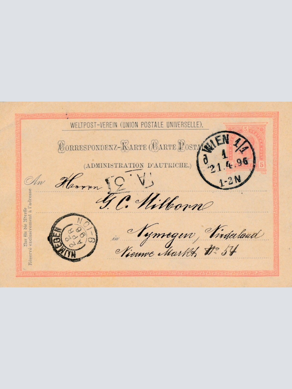 5 Kreuzer - Ganzsachen - Karte 1896 aus Wien (12317)