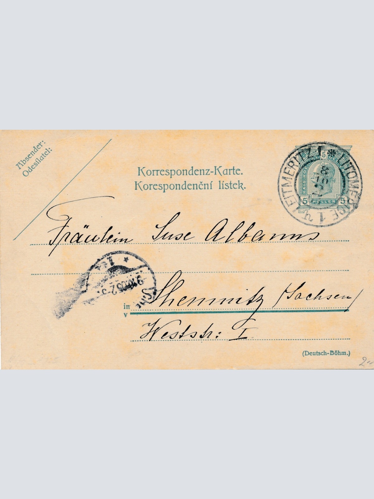 5 Heller - Ganzsachen - Karte 1903 aus Leitmeritz (12316)