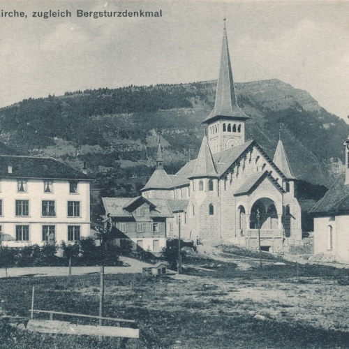 AK aus Goldau mit Neuer Kirche Bergsturzdenkmal Schwyz Ansichtskarte (11372)