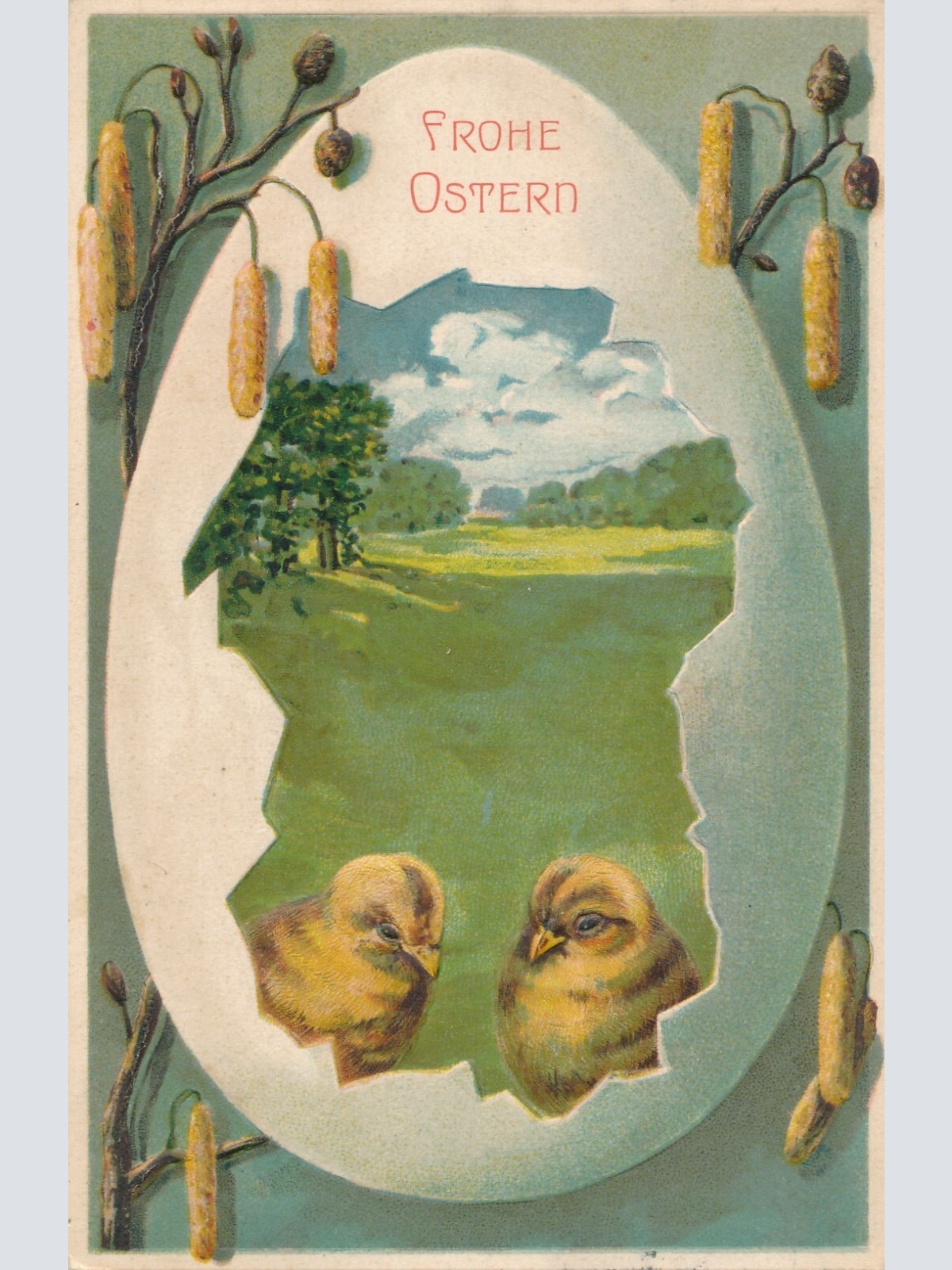 Präge - Motiv - Karte Fröhliche Ostern mit Ei und Kücken Ansichtskarte (11836)