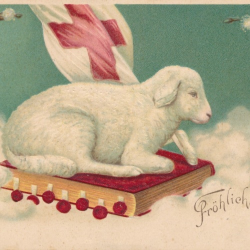 Präge - Motiv - Karte Fröhliche Ostern Schaf mit Fahne Ansichtskarte (11843)