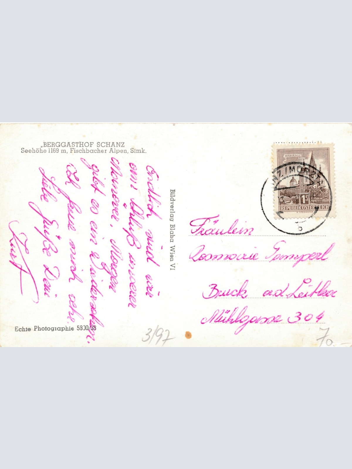 AK, Berggasthof Schanz, Fischbach, Steiermark (S2951)