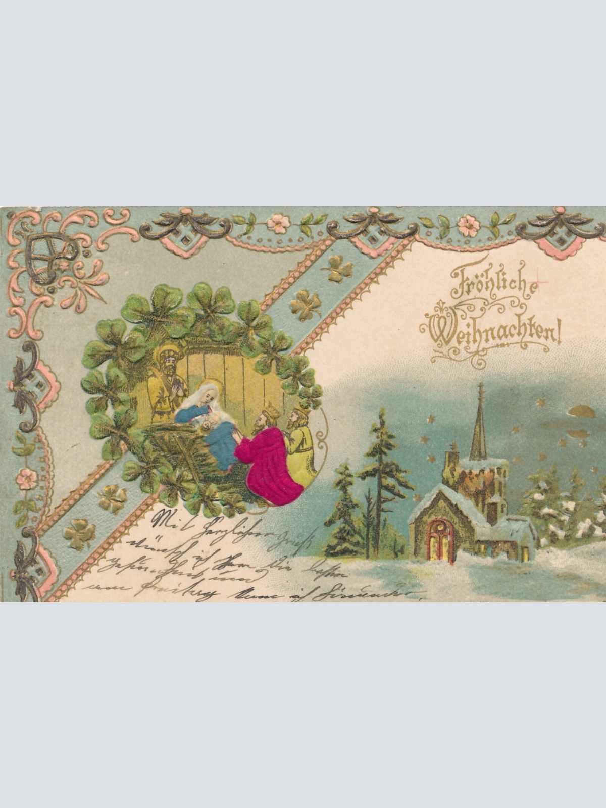 Präge Karte mit Stoff Fröhliche Weihnachten in der Grippe Ansichtskarte (12280)