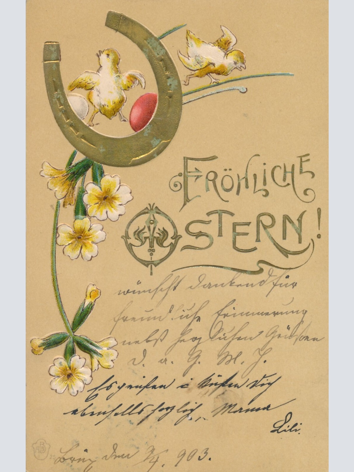 Präge - Motiv - Karte Frohe Ostern mit Hufeisen und Kücken Ansichtskarte (12654)