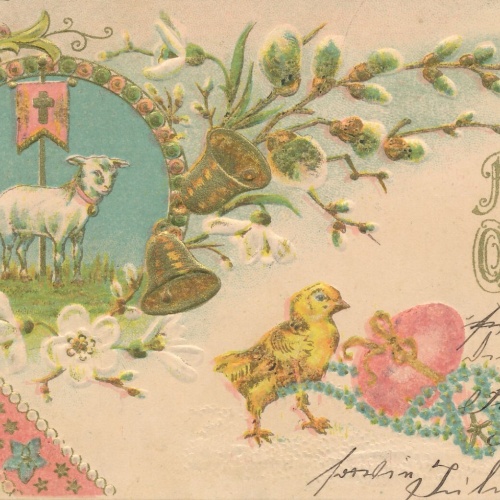 Präge - Motiv - Karte Fröhliche Ostern mit Lamm und Kücken Ansichtskarte (11854)