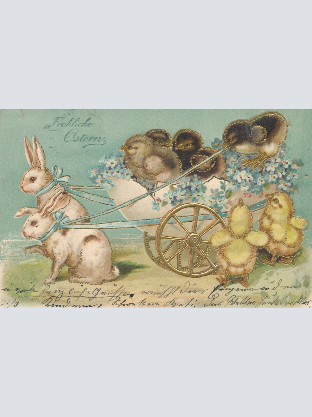 Präge - Motiv - Karte Fröhliche Ostern Hasen Kutsche Ansichtskarte (11853)