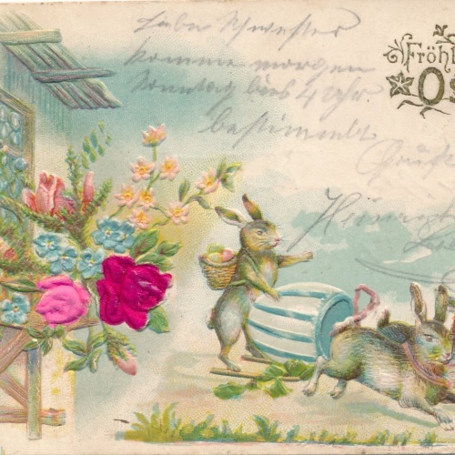 Stoff - Präge - Motiv - Karte Frohe Ostern mit Hasen Ansichtskarte (12657)