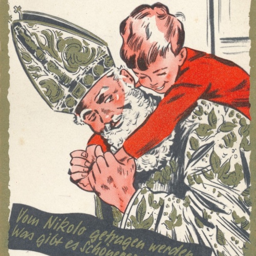 Motiv - Karte vom Nikolo Nikolaus mit Kind am Rücken (11343)