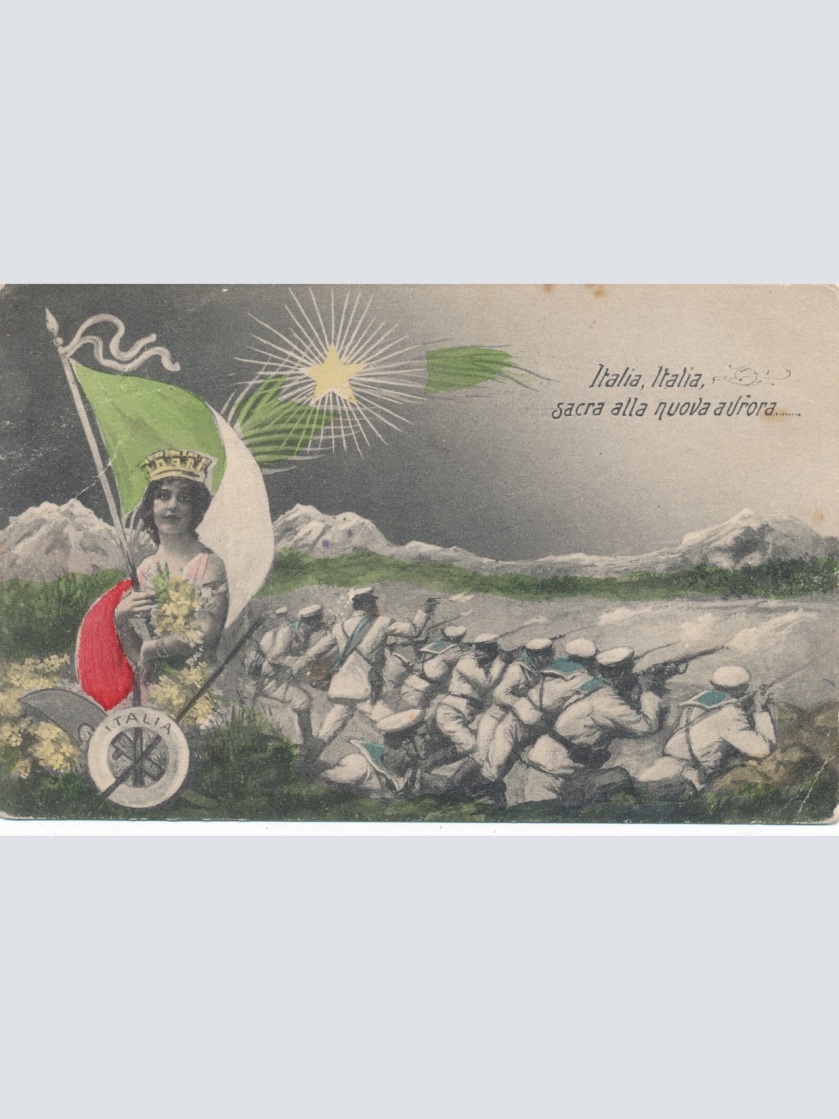 AK aus Italien Frau mit Italienischer Flagge + Soldaten Sacra alla nuova (13096)