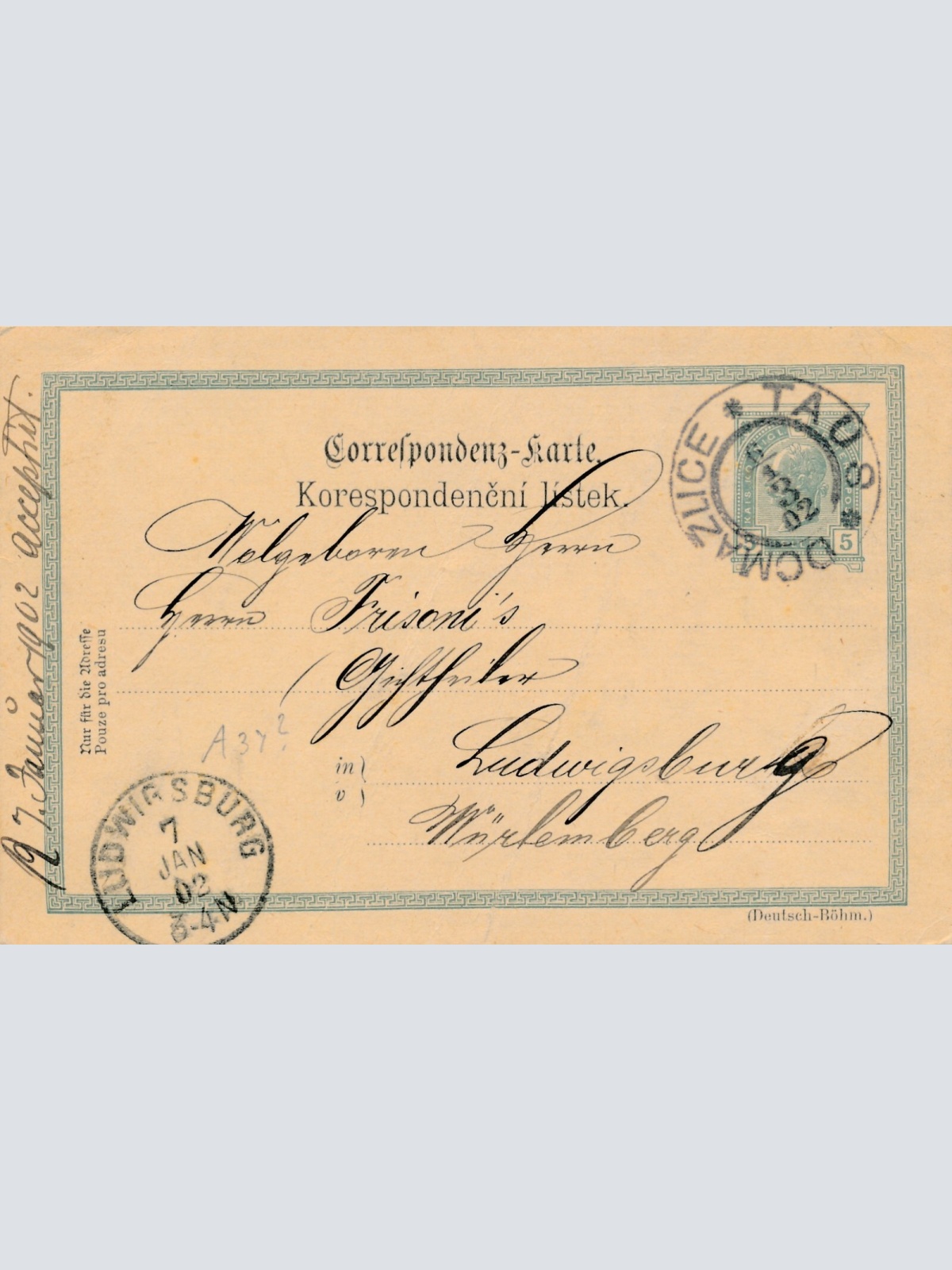 5 Heller - Ganzsachen - Karte 1902 aus Taus Dcmatlice (13368)