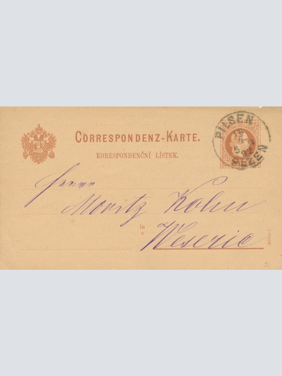 2 Kreuzer - Ganzsachen - Karte 1882 aus Pilsen Pilzen (13546)