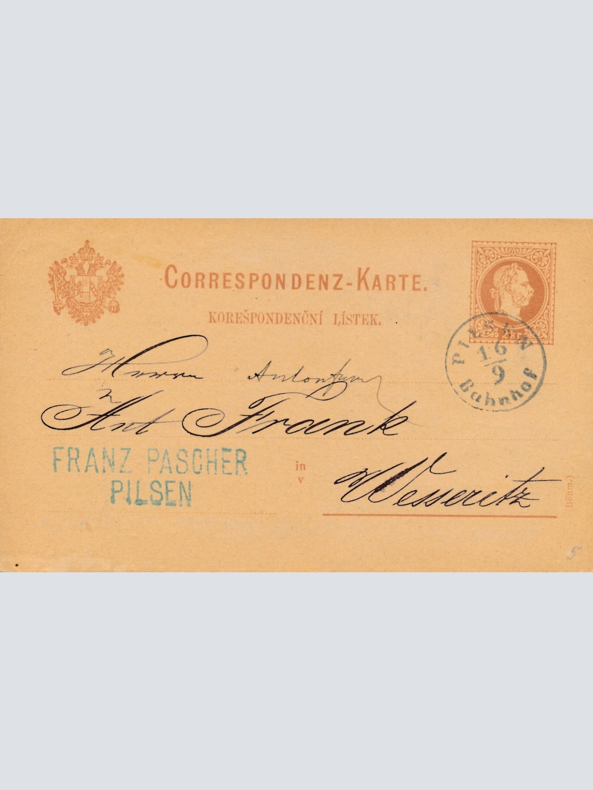 2 Kreuzer - Ganzsachen - Karte 1887 aus Pilsen - Pilzen Bahnhof (13548)