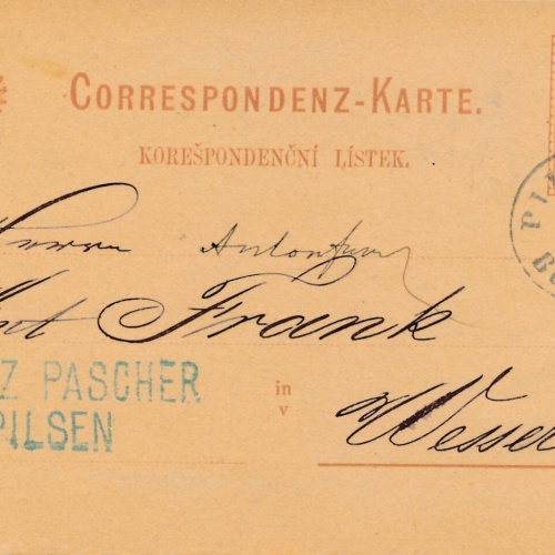 2 Kreuzer - Ganzsachen - Karte 1887 aus Pilsen - Pilzen Bahnhof (13548)