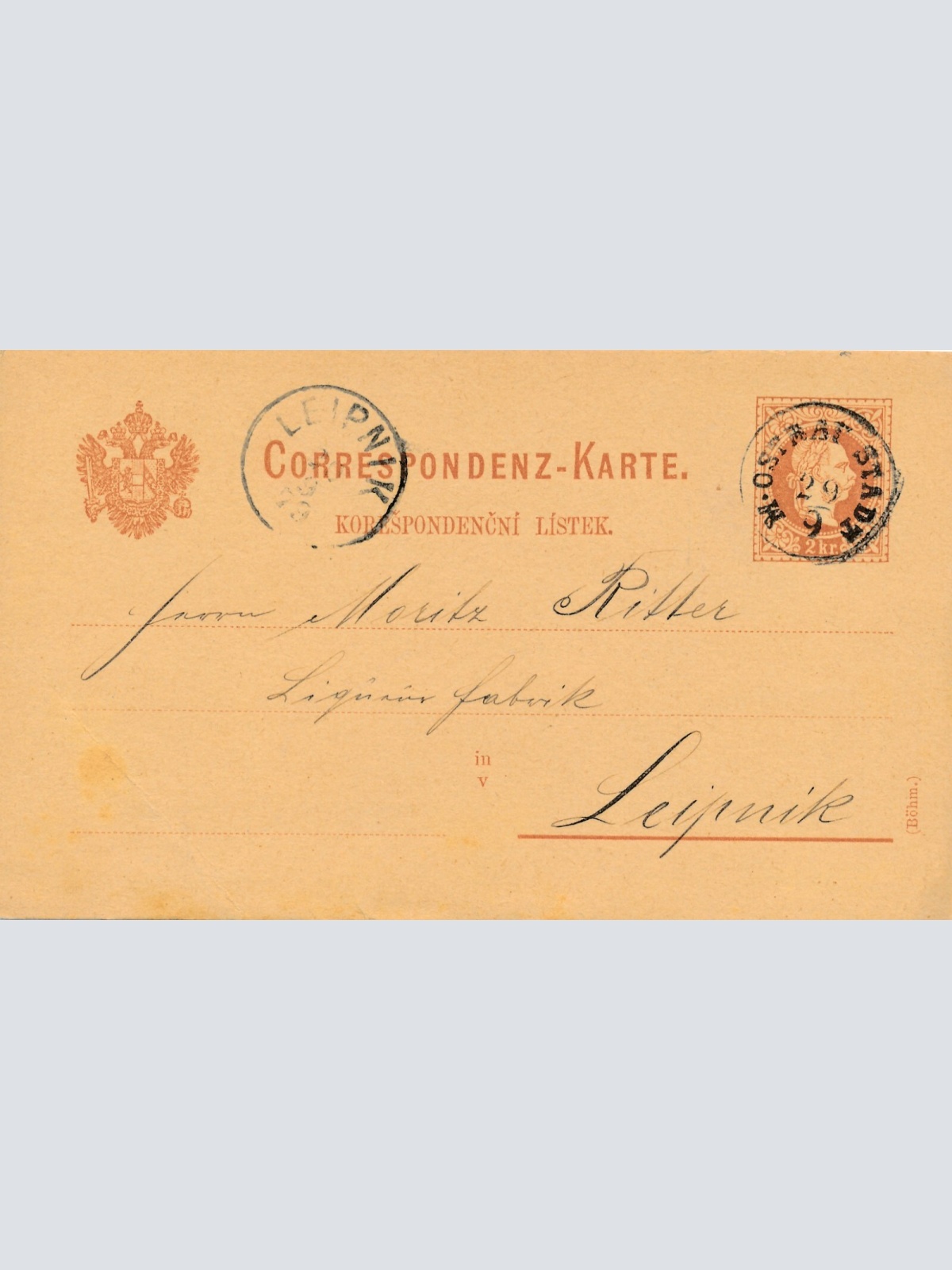 2 Kreuzer - Ganzsachen - Karte 1879 aus M. Ostrat Stadt (13578)