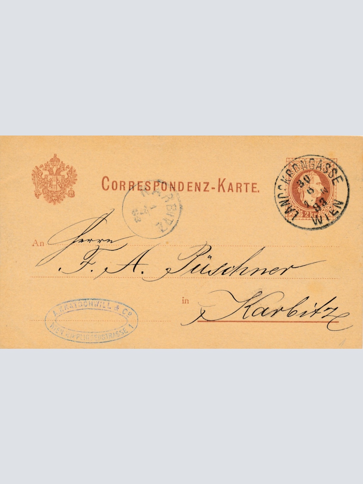 2 Kreuzer - Ganzsachen - Karte 1883 aus Wien Landskorngasse (13564)