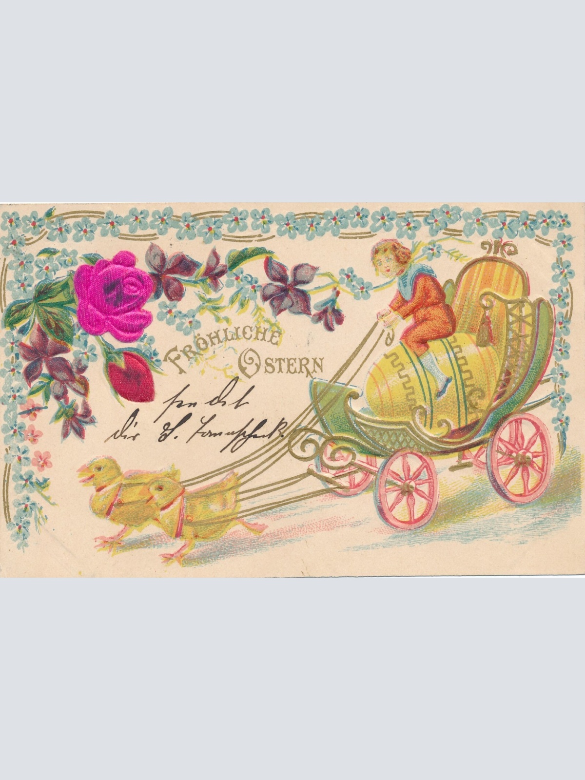 Präge - Motiv - Karte mit Stoff Frohe mit Kutsche Ansichtskarte (13256)