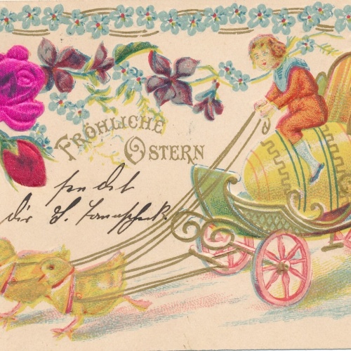 Präge - Motiv - Karte mit Stoff Frohe mit Kutsche Ansichtskarte (13256)