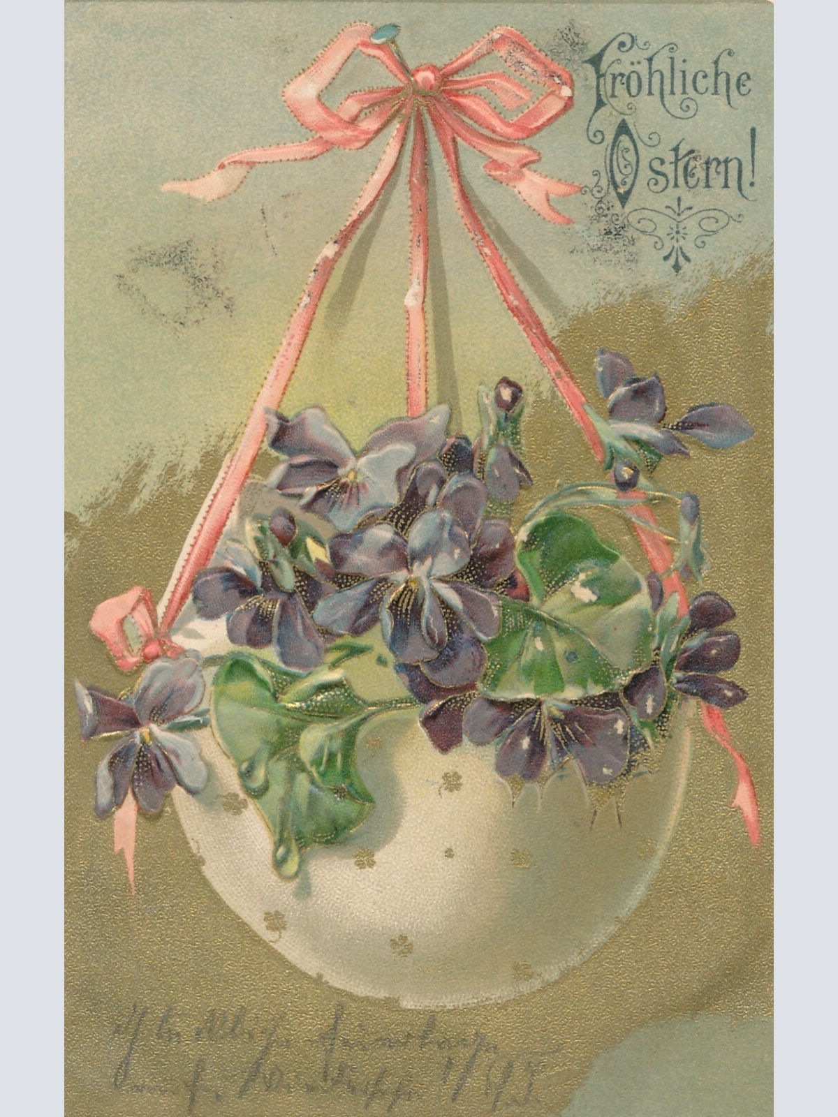 Präge-Karte, Fröhliche Ostern, Korb mit Blumen, Ansichtskarte (S3679)