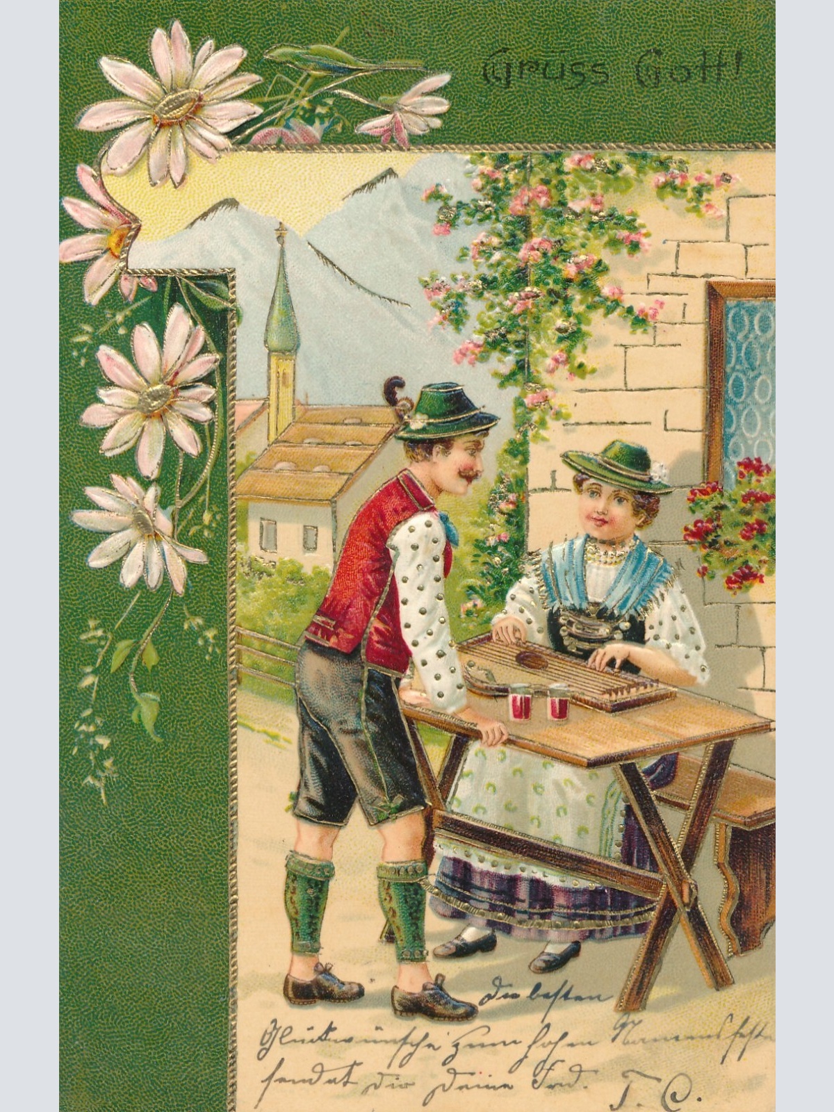 Präge-Karte, Grüß Gott, Mann und Frau in Tracht, Ansichtskarte (S3686)