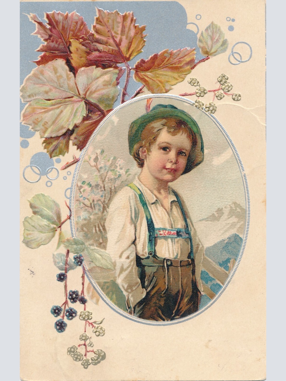 Präge-Karte, Kind in Tracht, Blumen, Ansichtskarte (S3689)