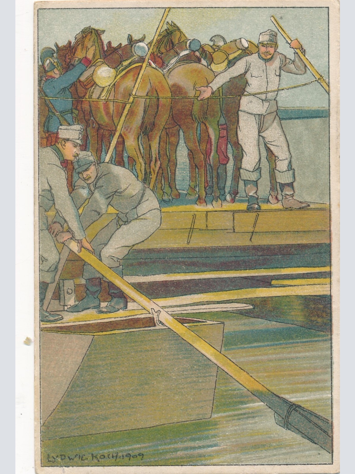 Ludwig Koch Karte Soldaten bei der Überfuhr mit Pferden Ansichtskarte (13710)