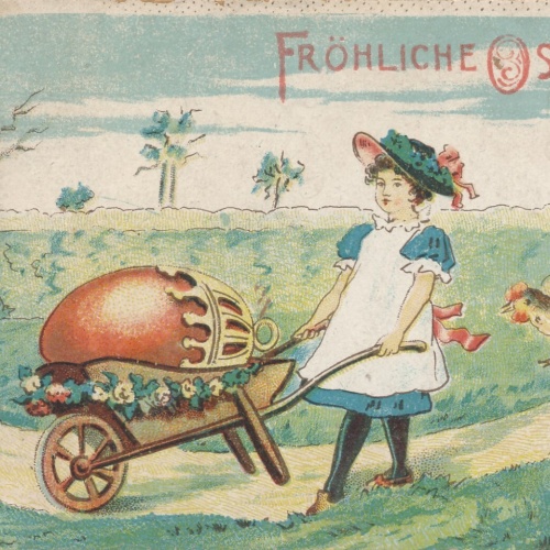 Motiv - Karte Fröhliche Ostern Frau mit riesen EI Ansichtskarte (13693)