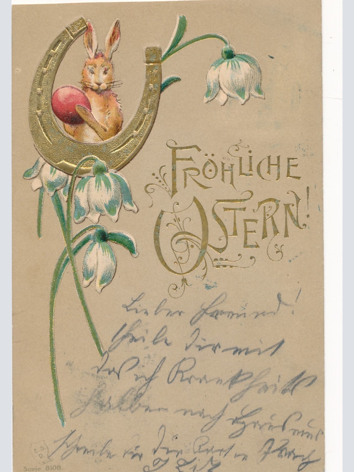 Präge - Motiv - Karte Fröhliche Ostern Hase mit Hufeisen Ansichtskarte (13699)